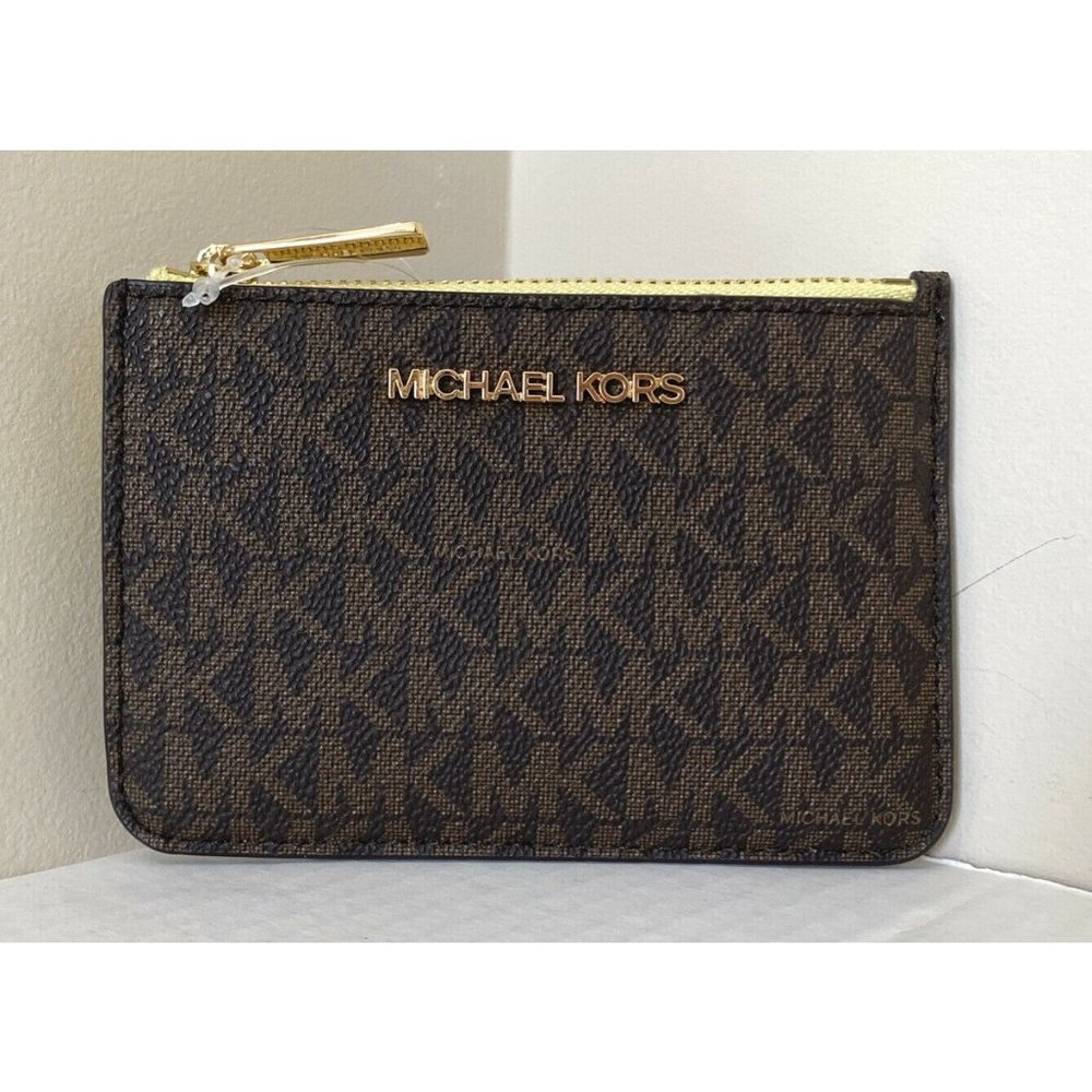 New Michael Kors Jet Set Travel small TZ coin pouch ID window Brown / Buttercup